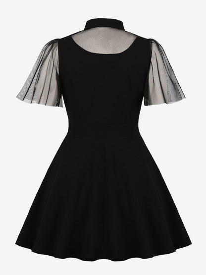 Mesh Patchwork Hollow Out Neckline A Line Skater Dress For Women 2026