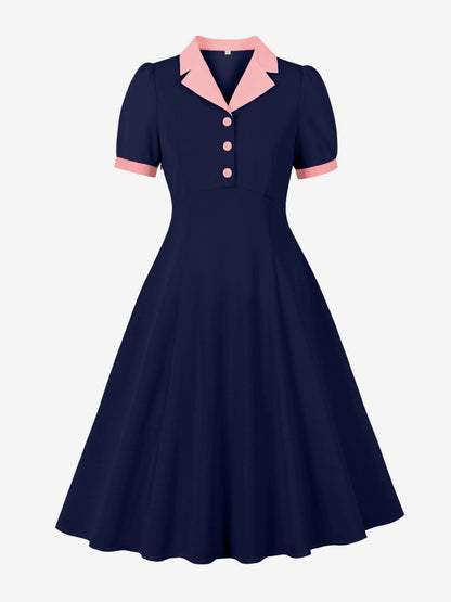 Retro Contrast Lapel Button Up Fit And Flare Midi Dress For Women 2026
