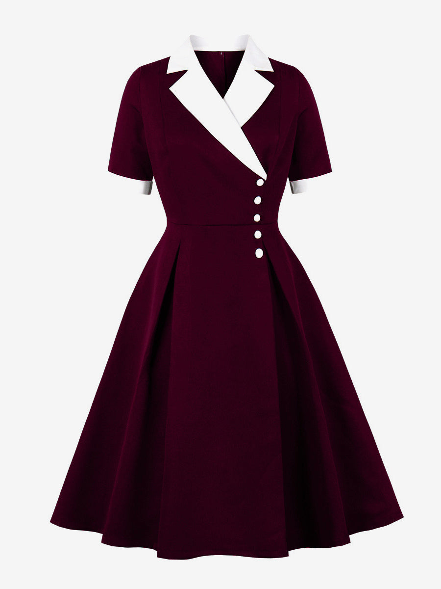 Retro Lapel Side Button Slim Fit Flare A Line Elegant Midi Dress For Women 2026