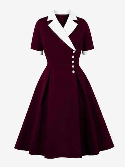 Retro Lapel Side Button Slim Fit Flare A Line Elegant Midi Dress For Women 2026