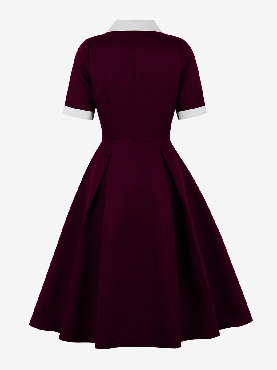 Retro Lapel Side Button Slim Fit Flare A Line Elegant Midi Dress For Women 2026