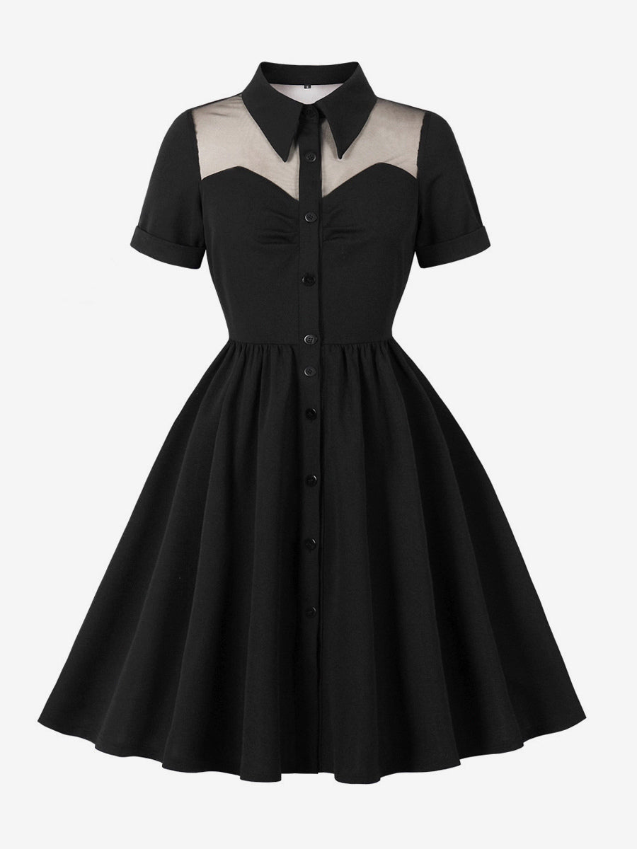 Mesh Patchwork Sweetheart Neck Single Breasted Pinup Rockabilly Dress For Women 2026