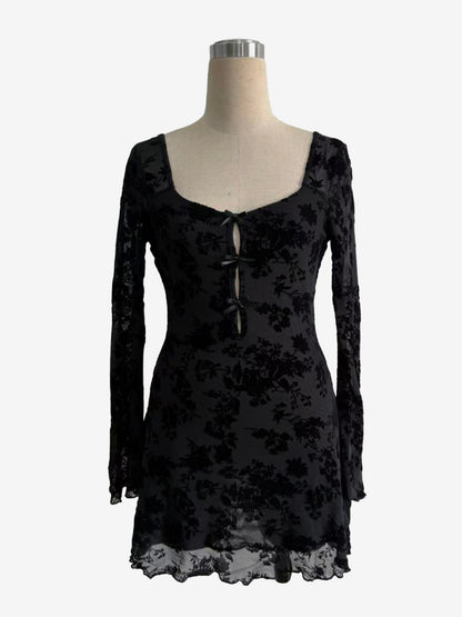 Flocked Floral Hollow Out Bow Flare Sleeve Mini Dress For Women 2026