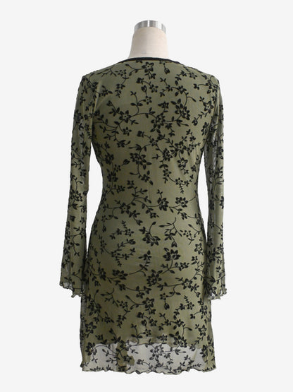 Vintage V Neck Flocked Floral Flare Sleeve Mini Dress For Women 2026
