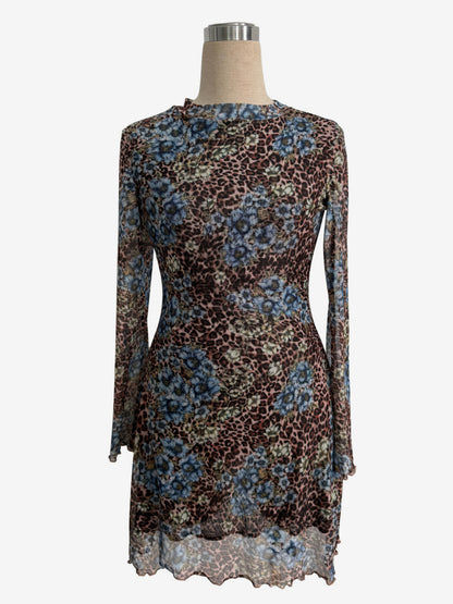 Leopard Floral Slit Flare Sleeve Mini Dress For Women 2026