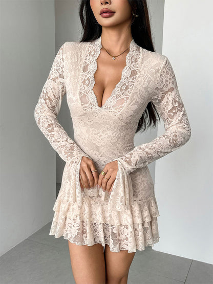 V Neck Lace Layered Ruffle Hem Long Sleeve Mini Dress For Women 2026