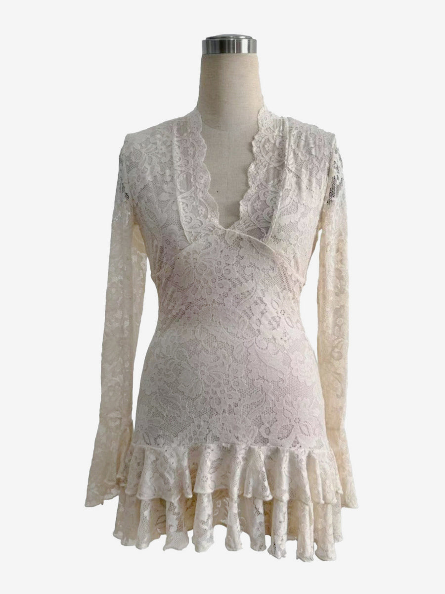 V Neck Lace Layered Ruffle Hem Long Sleeve Mini Dress For Women 2026