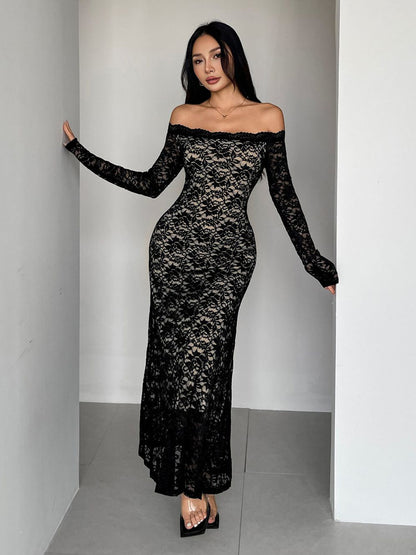 Off Shoulder Lace Long Sleeve Bodycon Maxi Dress For Women 2026