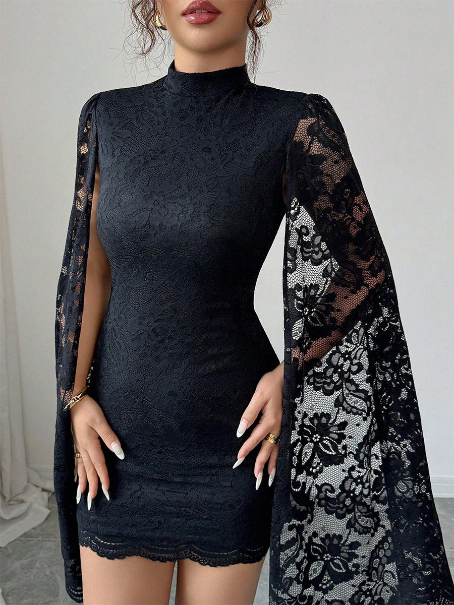 Cape Sleeve High Neck Floral Lace Bodycon Mini Dress For Women 2026