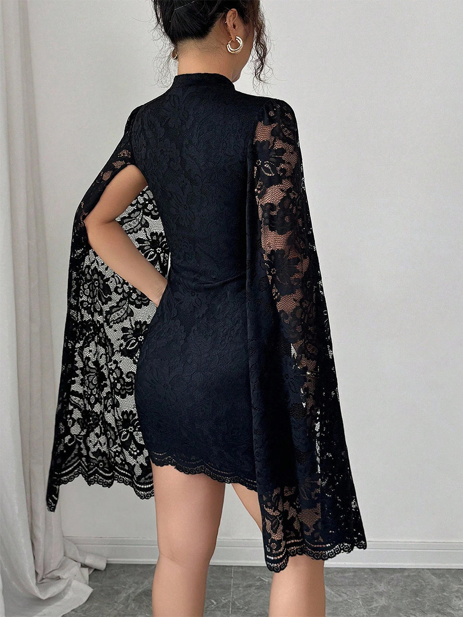 Cape Sleeve High Neck Floral Lace Bodycon Mini Dress For Women 2026
