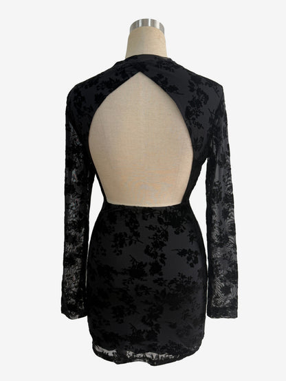 Flocked Floral Cutout Back Long Sleeve Bodycon Mini Dress For Women 2026