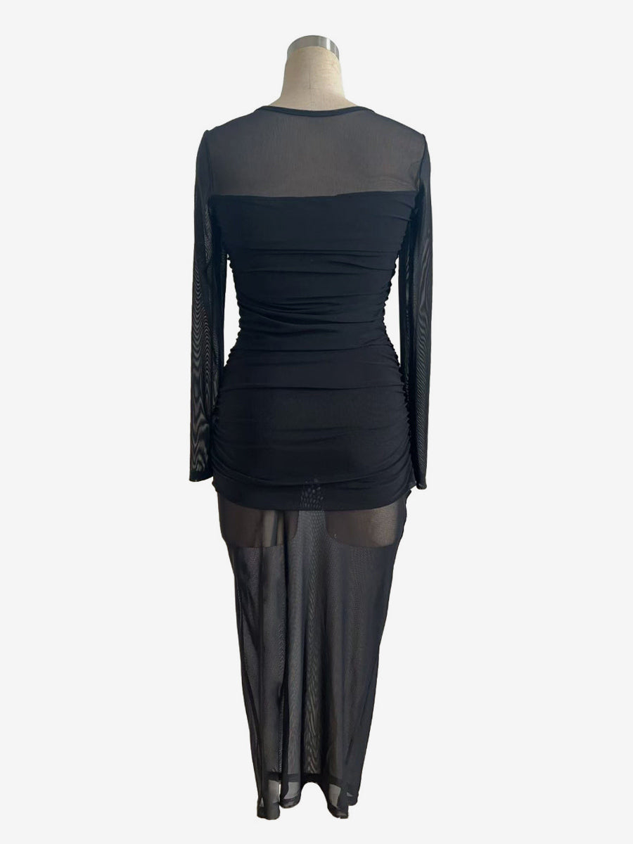Ruched Mesh Patchwork Long Sleeve Bodycon Maxi Dress For Women 2026