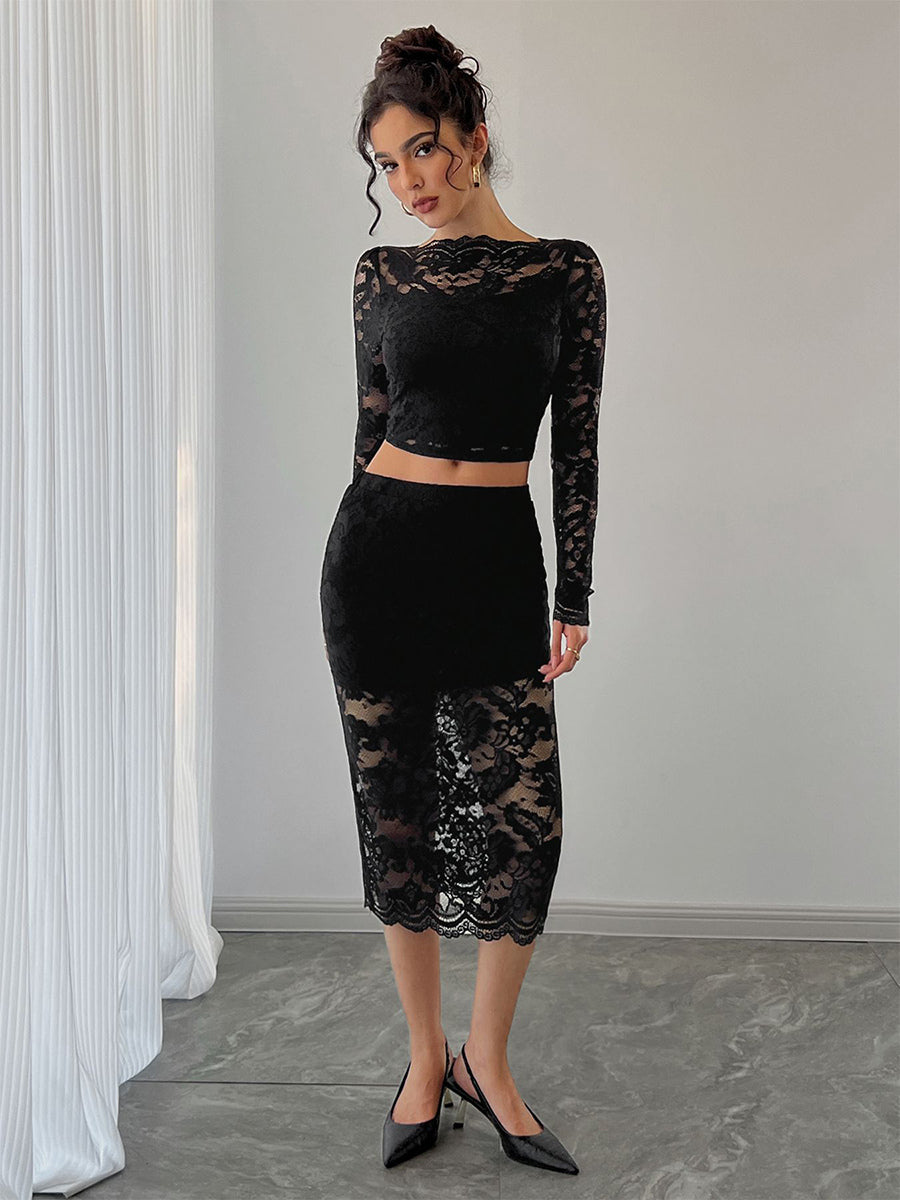Floral Lace Long Sleeve Crop Top And Midi Skirt Two Piece Set For Women 2026