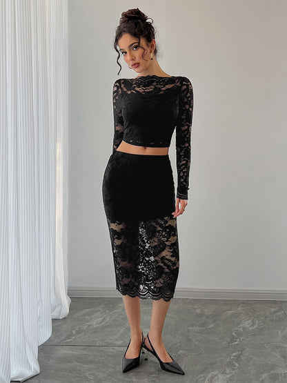 Floral Lace Long Sleeve Crop Top And Midi Skirt Two Piece Set For Women 2026