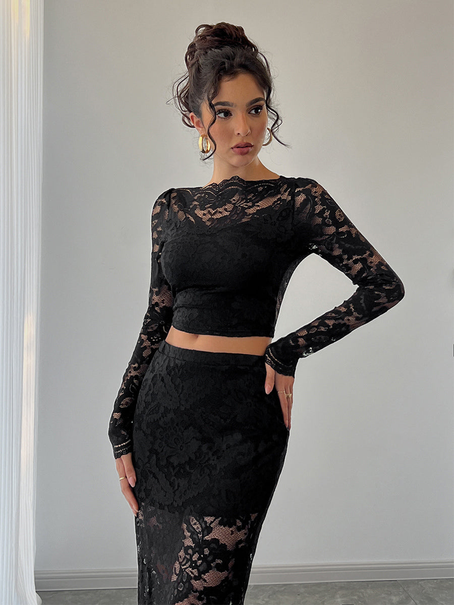 Floral Lace Long Sleeve Crop Top And Midi Skirt Two Piece Set For Women 2026