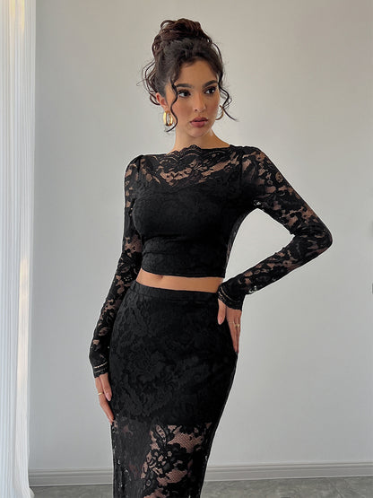 Floral Lace Long Sleeve Crop Top And Midi Skirt Two Piece Set For Women 2026