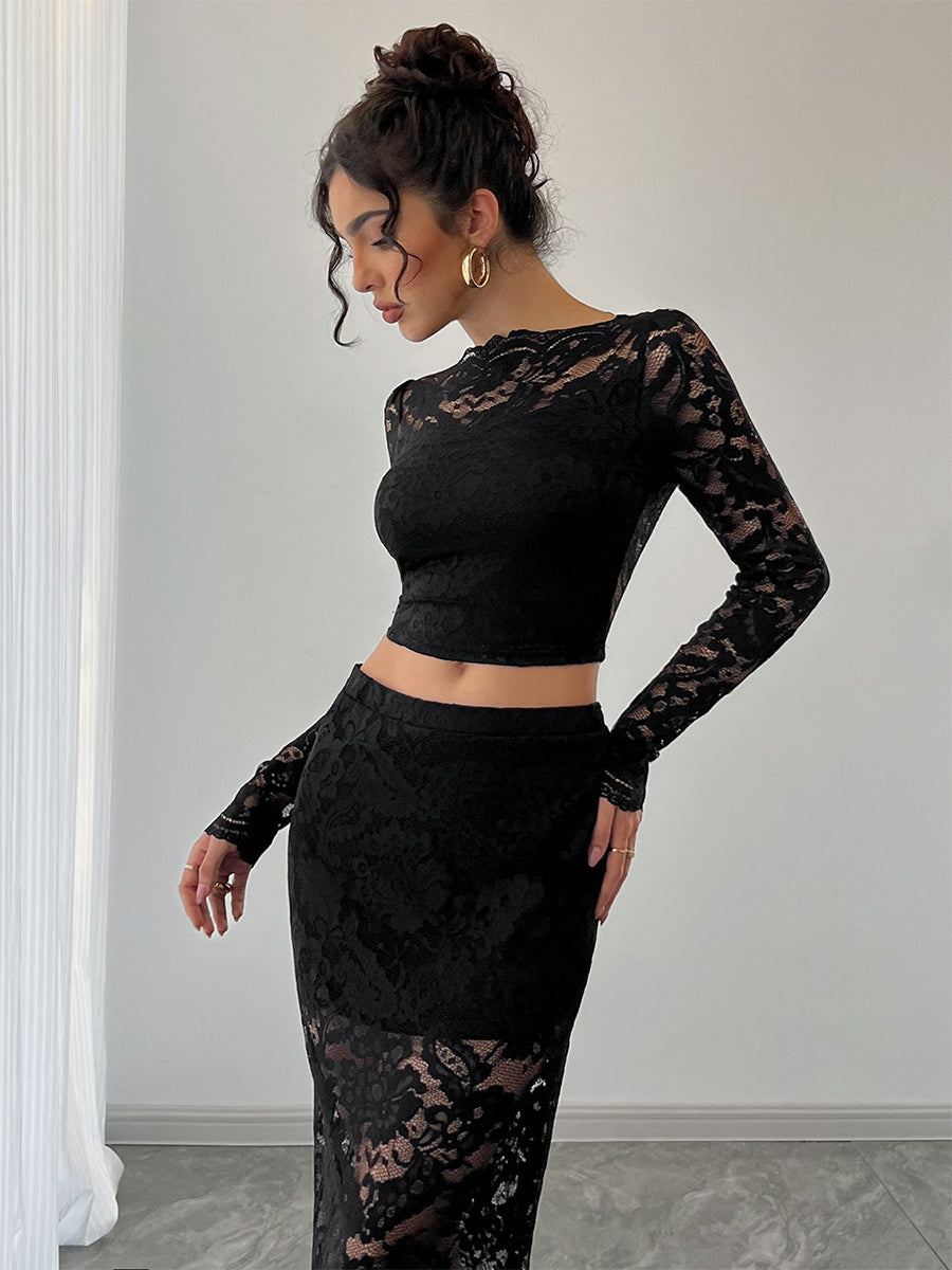Floral Lace Long Sleeve Crop Top And Midi Skirt Two Piece Set For Women 2026