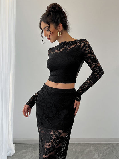 Floral Lace Long Sleeve Crop Top And Midi Skirt Two Piece Set For Women 2026