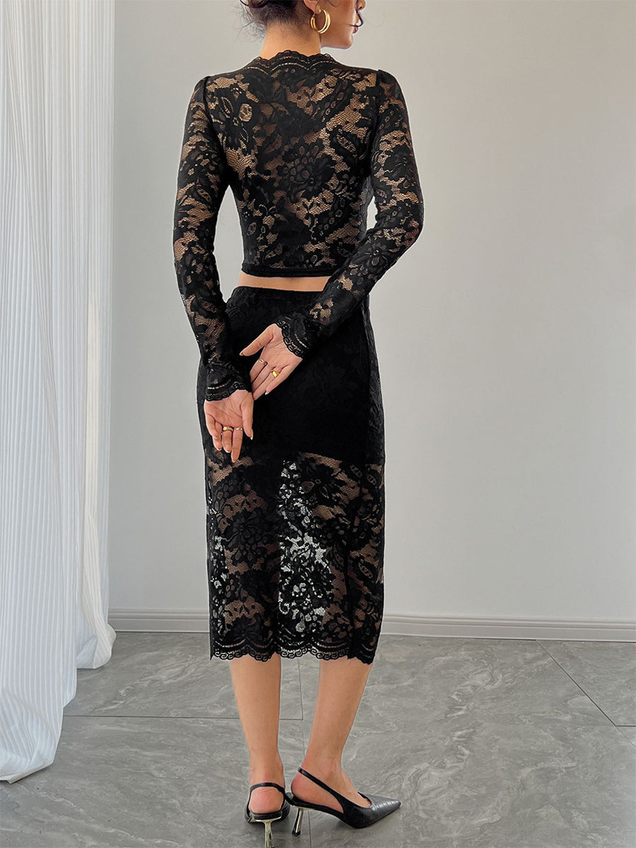 Floral Lace Long Sleeve Crop Top And Midi Skirt Two Piece Set For Women 2026