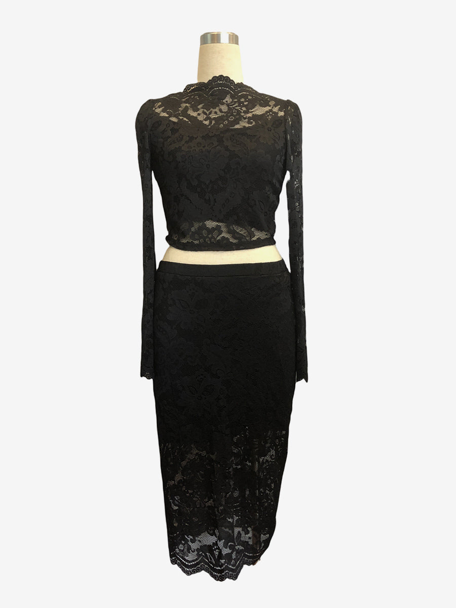 Floral Lace Long Sleeve Crop Top And Midi Skirt Two Piece Set For Women 2026
