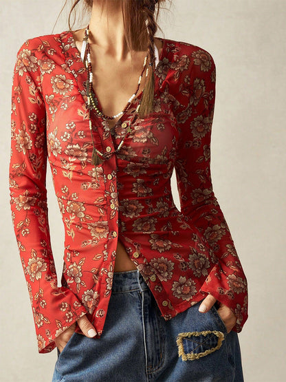 Floral Print Ruched Button Up Long Sleeve Slim Fit Shirt For Women 2026