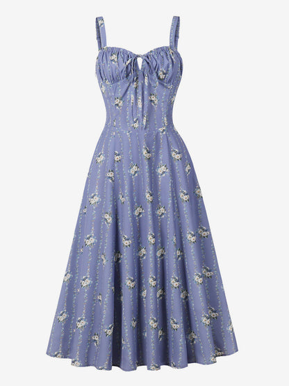 Floral Print Ruched Bust Sleeveless A Line Midi Tea Dress For Women 2026