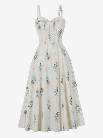 Floral Print Ruched Bust Sleeveless A Line Midi Tea Dress For Women 2026