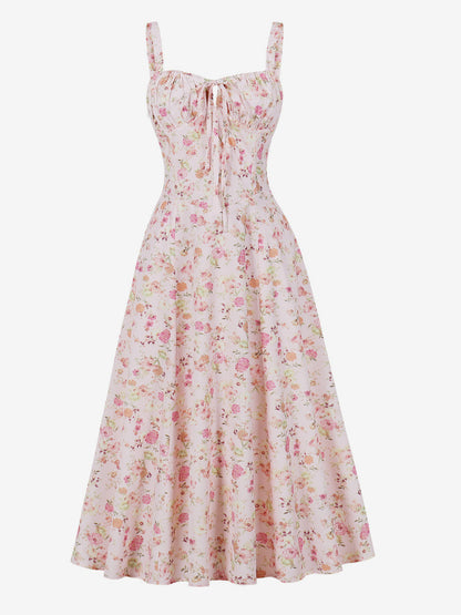 Floral Print Ruched Bust Sleeveless A Line Midi Tea Dress For Women 2026
