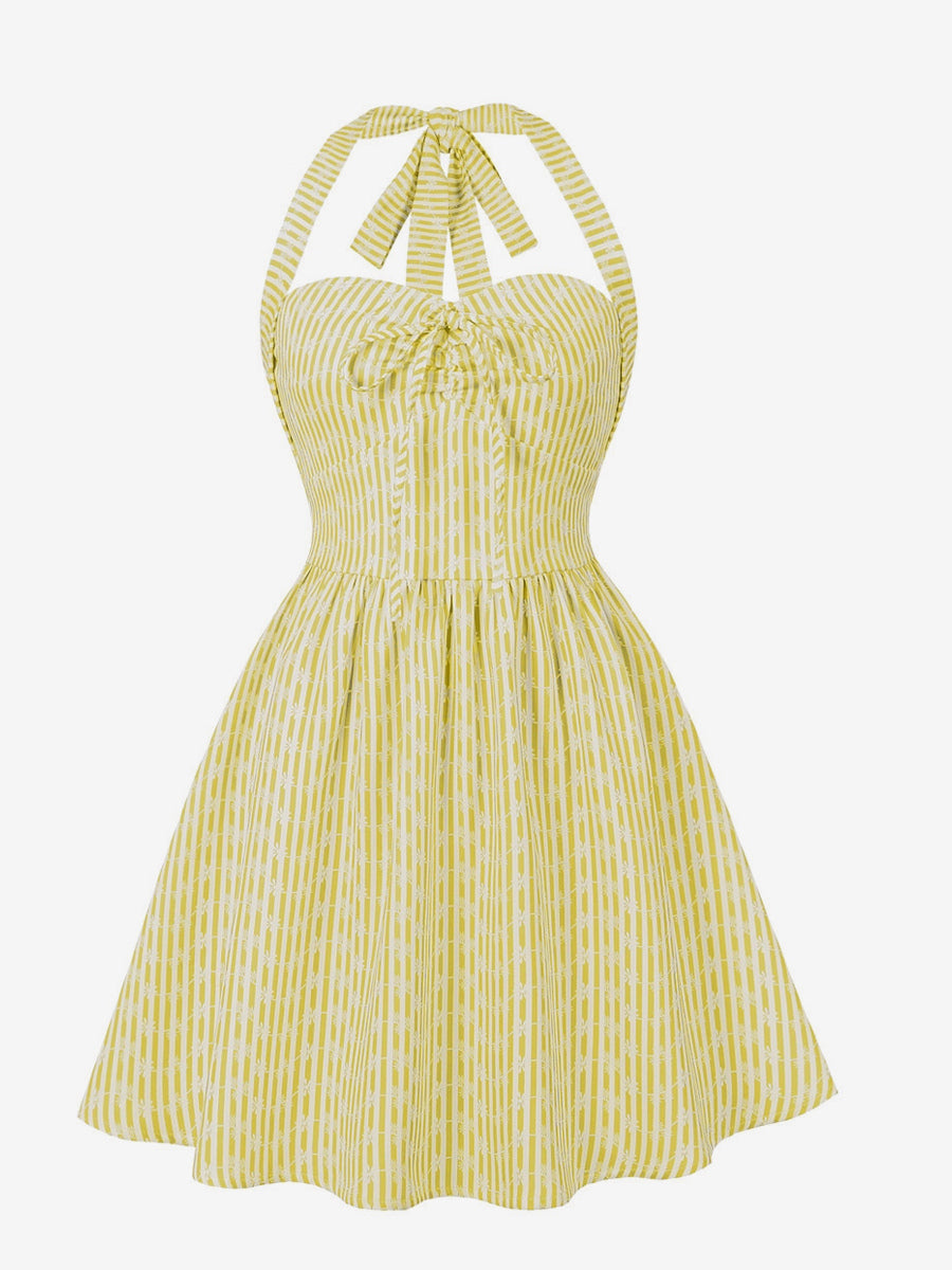 Striped Halter Neck Floral Print A Line Summer Sundress For Women 2026
