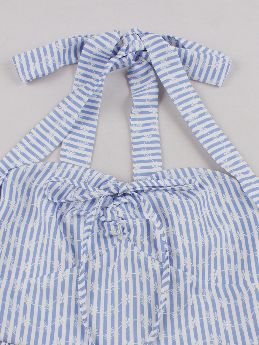 Striped Halter Neck Floral Print A Line Summer Sundress For Women 2026