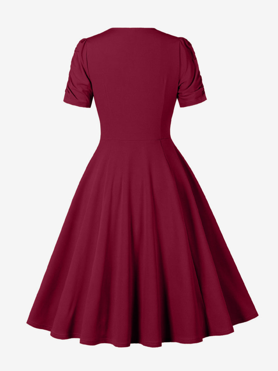 V Neck Ruched Bust Short Sleeve A Line Swing Cocktail Dress For Women 2026