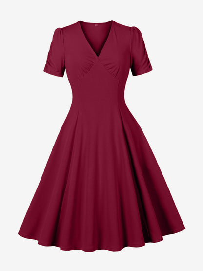 V Neck Ruched Bust Short Sleeve A Line Swing Cocktail Dress For Women 2026
