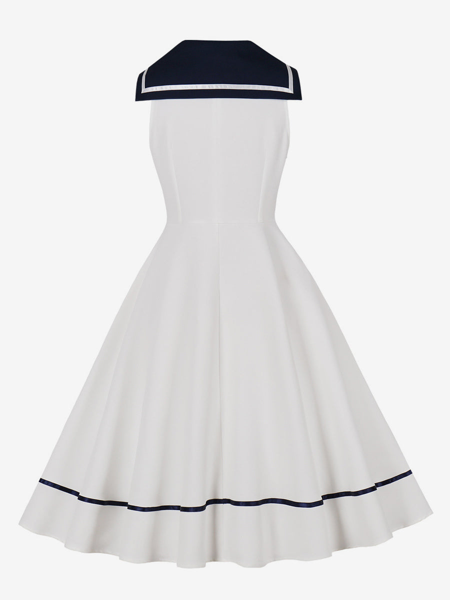 Sailor Collar Bow Knot Sleeveless Retro Swing A-Line Dress For Women 2026