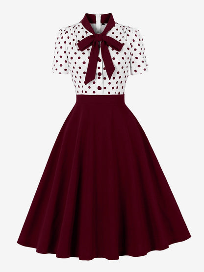 Polka Dot Patchwork Bow Tie Neck Short Sleeve Retro Swing Dress For Women 2026