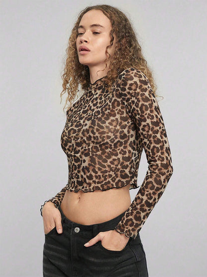 Leopard Print Mock Neck Lettuce Trim Mesh Slim Fit Skinny Top For Women 2026