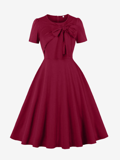 Side Bow Knot Crew Neck Short Sleeve A Line Swing Dress For Women 2026