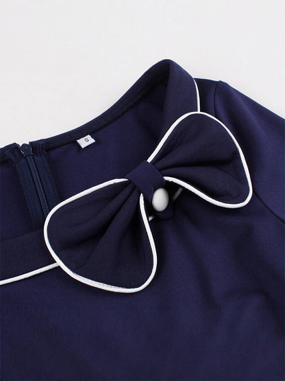 Contrast Piping Bow Neck Button Decor Pleated A Line Swing Dress For Women 2026
