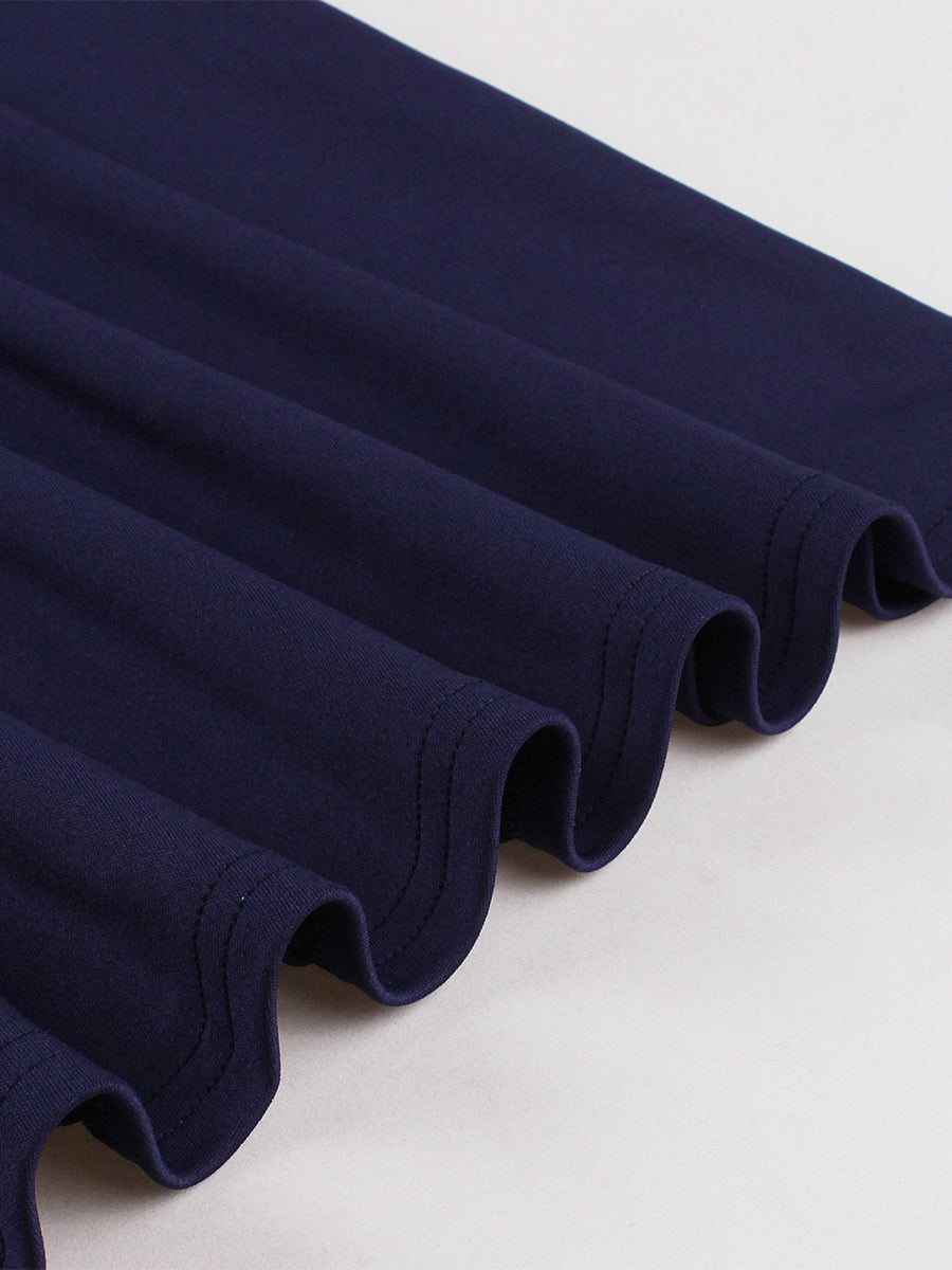 Contrast Piping Bow Neck Button Decor Pleated A Line Swing Dress For Women 2026
