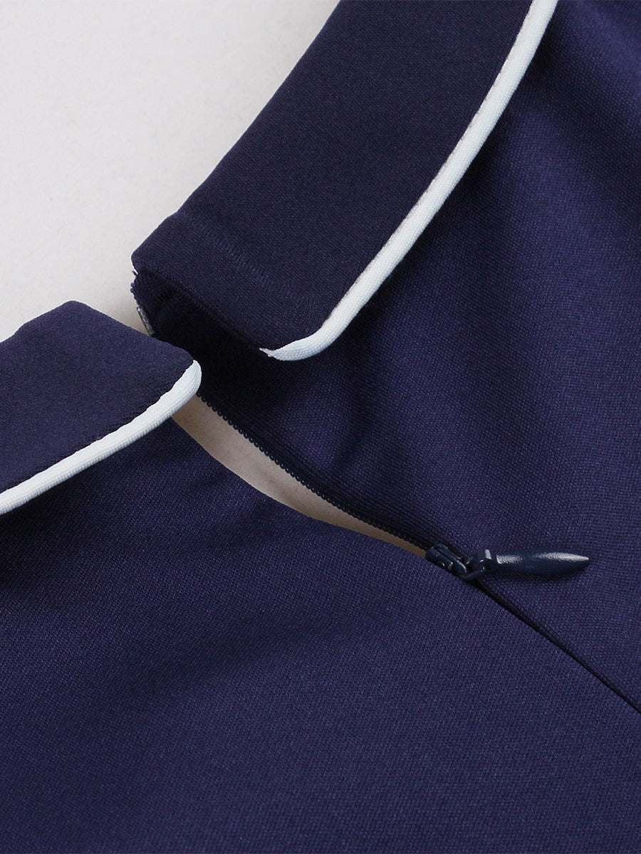 Contrast Piping Bow Neck Button Decor Pleated A Line Swing Dress For Women 2026