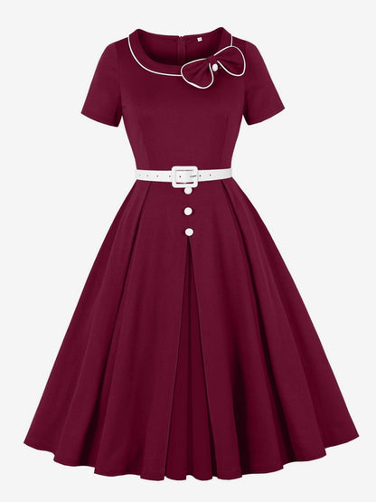 Contrast Piping Bow Neck Button Decor Pleated A Line Swing Dress For Women 2026