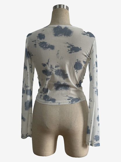 Smoky Floral Print Ruched Side Slim Fit Long Sleeve Skinny Top For Women 2026