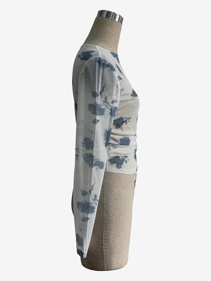 Smoky Floral Print Ruched Side Slim Fit Long Sleeve Skinny Top For Women 2026