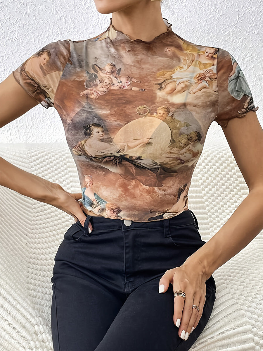Angel Cupid Print Lettuce Trim Mesh Short Sleeve Slim Tee For Women 2026