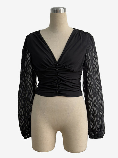 Deep V Neck Ruched Front Lantern Sleeve Slim Top For Women 2026