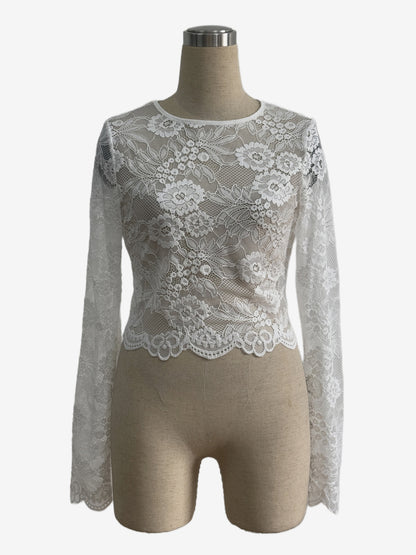 Floral Lace Long Sleeve Slim Fit Crop Top For Women 2026