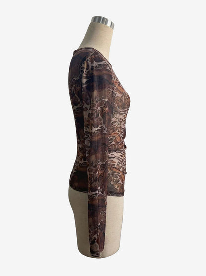 Abstract Print Mesh Slim Fit Long Sleeve Crew Neck Top For Women 2026