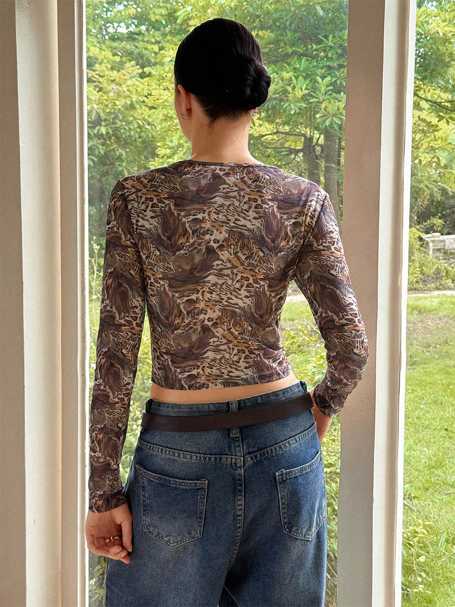 Abstract Print Mesh Slim Fit Long Sleeve Crew Neck Top For Women 2026