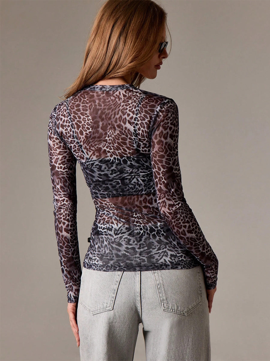 Leopard Print Long Sleeve Mesh Slim Fit Crew Neck Top For Women 2026