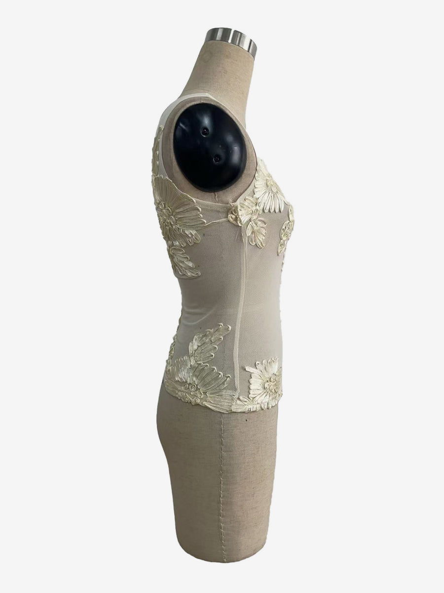 Sleeveless Mesh Tank Top With 3D Floral Applique Embroidery For Women 2026
