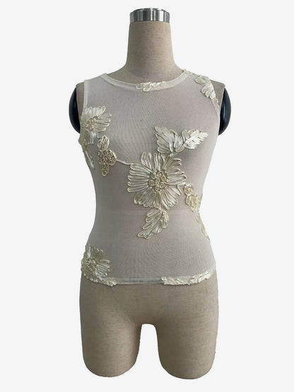Sleeveless Mesh Tank Top With 3D Floral Applique Embroidery For Women 2026